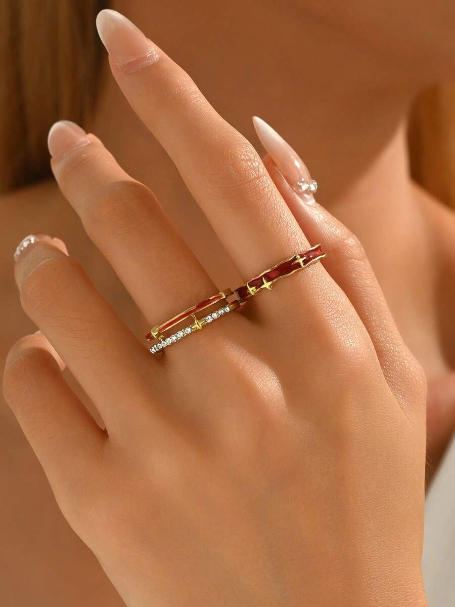 2pcs Red Star Glazed Rings, Vintage Open Finger Rings For Couples & Friends - Red - View 1
