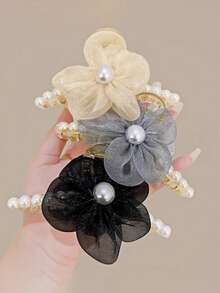 发夹 1 件韩国优雅珍珠花发夹，高端时尚别致的发饰，温柔甜美的设计适合外出、度假、约会和拍照发饰优雅爪夹，学校用品，大学 - 彩色 - 查看 3