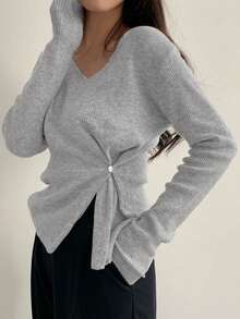 2025春秋时尚前开叉长袖上衣，修身 - 灰色 - 查看 3