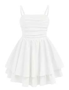 EXARUS Girls Flowy Ruffled Hem/Puff Bubble Dress Teen Ruched Summer Adjustable Spaghetti Strap Casual Cami Mini Dresses - trắng - Xem 1
