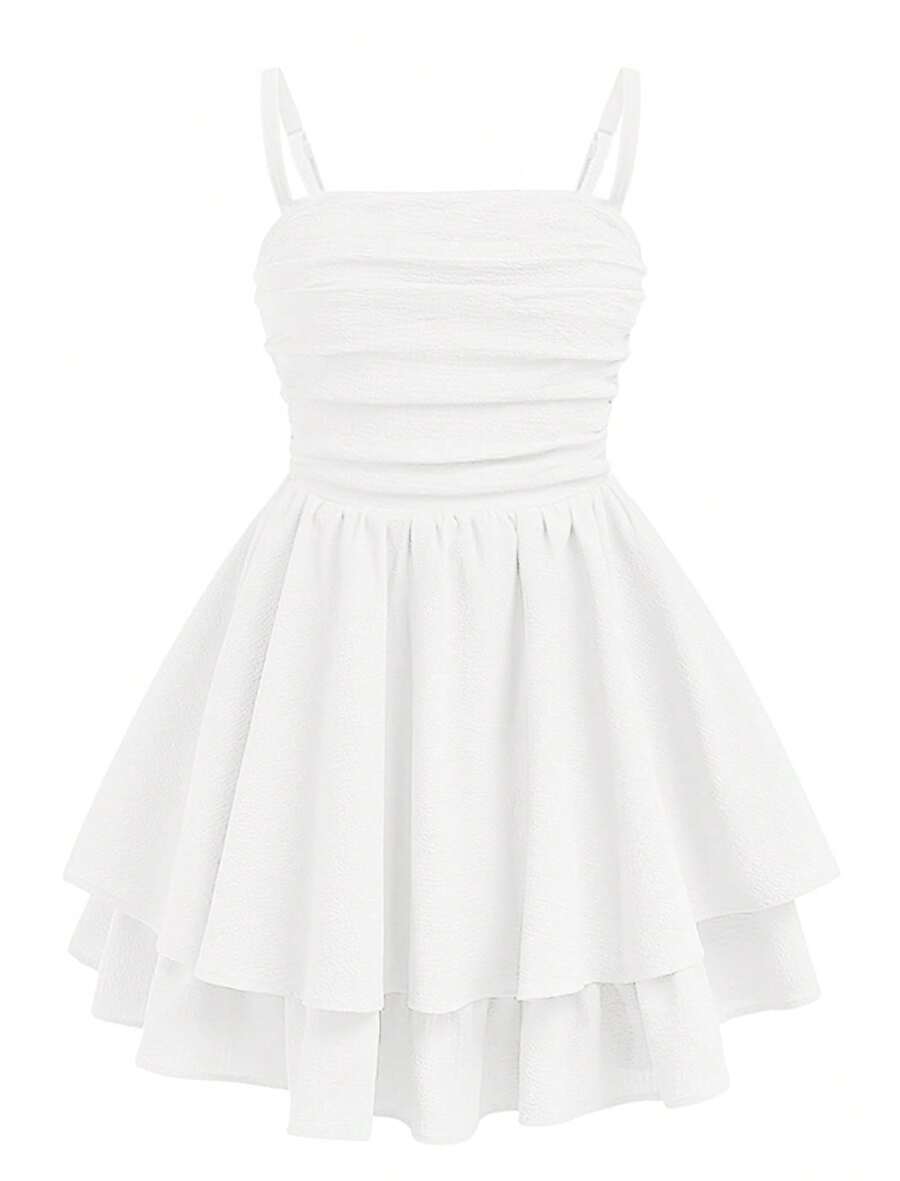 EXARUS Girls Flowy Ruffled Hem/Puff Bubble Dress Teen Ruched Summer Adjustable Spaghetti Strap Casual Cami Mini Dresses - trắng - Xem 1