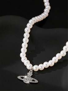 1 chiếc vòng cổ mặt dây chuyền ngọc trai giả hình ngôi sao đính đá thời trang dành cho nữ, cổ điển, tiệc tùng, du lịch, quà tặng trang sức cưới - trắng - Xem 1