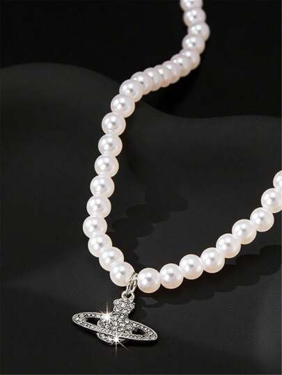1pc Fashionable Women Rhinestone Star Planet Imitation Pearl Pendant Necklace, Vintage, Party, Travel, Wedding Jewelry Gift