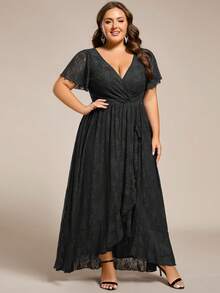 Plus Size V Neck Short Sleeves Pleated High Low Mother Of Bride Lace Dresses - Black - View 3