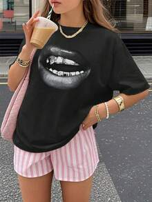 1pc Girls' Casual Letter Print Round Neck Short Sleeve T-Shirt, Summer Student Young Casual Wear - Minimalist English Letter Style T-Shirt Inspiring Imagination And Self-Expression - Black - View 7