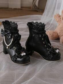 Women's Ankle Boots Cute Round Toe Bow Pearls Decoration Chunky Heel Lace Up Boots Comfort Pink Wedding Dress Bridal Boots Women - 黑色 - 查看 4