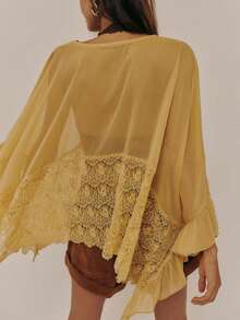 Women's Y2k Summer Sheer Poncho Tops Solid Color Batwing Sleeve Loose Fit T-Shirts Blouses Fairy Grunge Oversized V Neck Lace See Through Flowy Tops - 黃色 - 查看 3