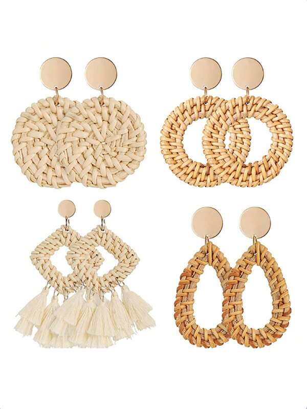 4 Pairs Wicker Woven Geometric Tassel Earrings, Handmade Rattan & Straw Circular Drop Dangle Earrings For Women