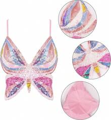 Woms Glitter Sequin Crop Top Low-Cut Top Rave Tube Vest Top Belly Dance Costume Outfits - 金色&藍色&粉紅色蝴蝶 - 查看 5