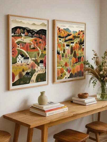 1/2pcs,Autumn Countryside Scenery Landscape Poster Art Print, American Folk Art Wall Art Decor, Naive Painting Gifts,Fall Landscape Scenery Poster Art Print,For Living Room,Bedroom,Office, Bathroom, Dining Room Home Decor