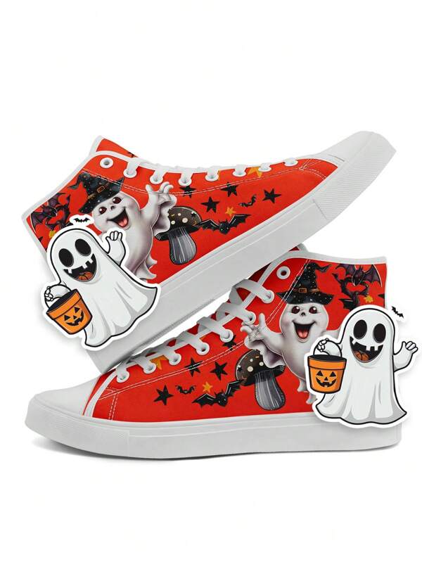 Men's Halloween High Top Sneakers With Cute Ghost Charm, Orange Boo Skeleton Pumpkin Bat Design, Trick Or Treat Casual Plus Size Skate Shoes, Spooky & Comfortable All-Season Footwear, Halloween Shoes