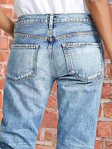 Women's Casual Washed Low Waist Straight Leg Jeans, Autumn - Navy Blue - View 7
