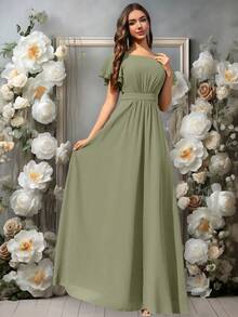 Volly Toych Elegant Matcha Green Long Bridesmaid Dress, Round Neck Ruffle Short Sleeve, Flowing Chiffon Fabric, Suitable For Weddings - Matcha - View 3