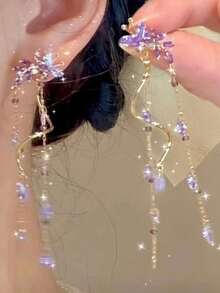 2pcs Butterfly Design Zirconia Tassel Earrings, Fashion Delicate Purple Earrings Suitable For Women Everyday Wear, Suitable For Vacation, Party, Jewelry Gift - Màu tím - Xem 8
