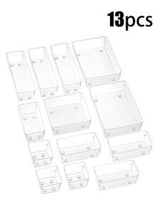 44个透明抽屉收纳盒，7种尺寸，美妆化妆品收纳盒，防滑塑料隔板，适用于化妆品、厨房用品、办公用品、家居收纳托盘，多功能浴室梳妆台托盘，女士礼物，圣诞礼物，女士送礼佳品，房间装饰 - 彩色 - 查看 14
