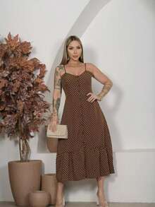 Long Crepe Dress With Padded Bra And Buttons One Size (Fits Sizes 36 To 40)H-1 - Coffee Brown - View 2