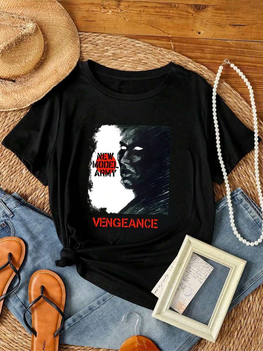 180g Pure Cotton New Model Army 'Vengeance' (Black) T-Shirt - NEW & OFFICIAL!  Casual For Women Comfortable Print Round Neck Short Sleeve Summer Men's Designer Clothes Graphic Soft Fashion Stylish Streetwear Versatile Unisex Breathable Slightly Stretchy Top For Everyday Wear