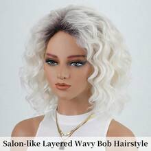 MMidlength Layered Ombre Platinum Blonde Wavy Bob Wigs For White Women 12inch Short Wave Curly Synthetic Wig Side Part Average Size Daily Party Wig8001 - Bạch kim - Xem 7