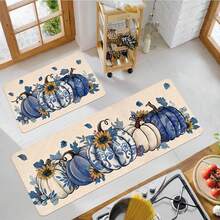 1/2 piezas Alfombras de piso de otoño y Acción de Gracias, alfombras de cocina con patrón clásico azul y blanco o patrón de calabaza, decoración de Acción de Gracias, adecuado para decoración de fiestas, baño, cocina y lavandería, uso en interiores y exteriores, decoración del hogar - Multicolor - Ver 2