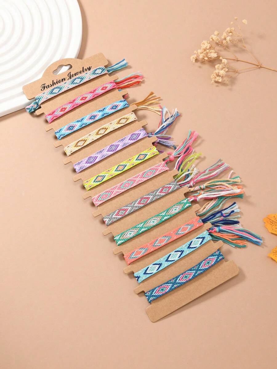 12pcs/Set Boho Style Friendship Bracelet Set, Macrame + Hand Woven, Vintage Nepalese Handmade Braided Bracelets, Beach Style