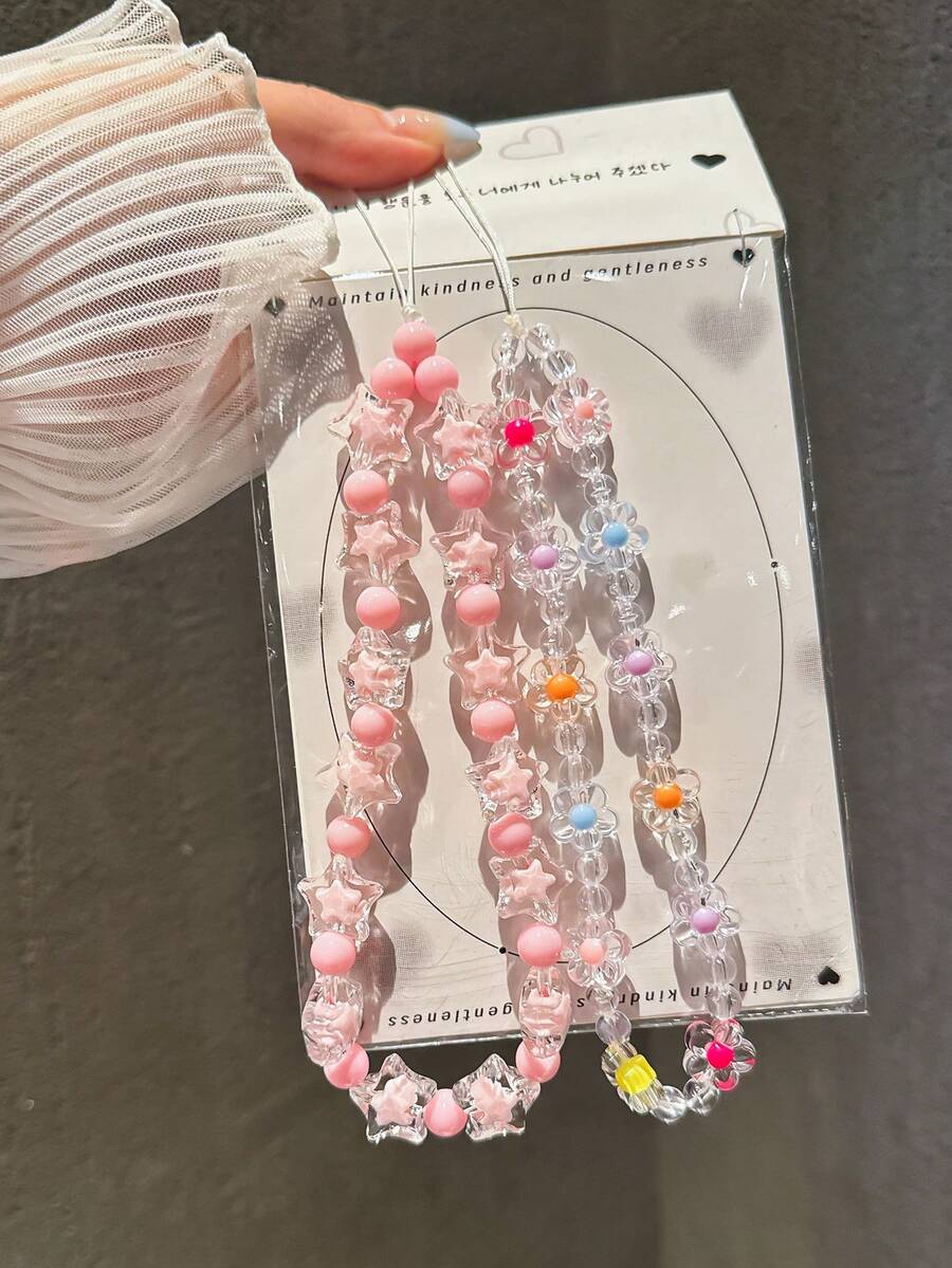 2 件粉色珍珠星和彩色花卉串珠手链，少女魅力钥匙扣适用于所有手机壳、耳塞支架、DIY 悬挂装饰、腕带、防丢失、韩式风格 - 粉色 - 查看 1