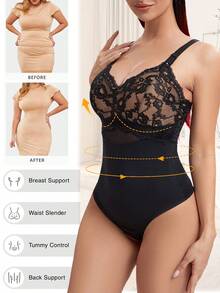 Women's Shapewear Bodysuit With Built-In Padded Bra Full Body Shaper Tummy Control Slimming Lace Corset Thong Waist Trainer Firm Control Body Suit - 黑色 - 查看 4