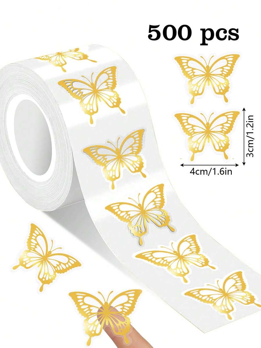 500 pièces Grands autocollants de papillons en forme asymétrique de 3x4cm, convenant pour l'emballage de cadeaux, la papeterie, le scrapbooking, les récompenses d'enseignants, autocollants adhésifs imperméables en PVC pour fournitures de scrapbooking - Grand papillon estampé à l'or - Voir 1