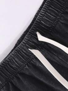 290g Washed Shorts, Artistic Cross Print Summer Men's Retro Washed Casual Street Sports Shorts, Comfortable And Breathable, Suitable For Daily Wear, Adjustable Drawstring Waist Circumference, Elastic Waistband And Pocket - Black - View 4