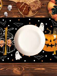 1 件/2 件/4 件/600 件 11.8 英寸 X 17.3 英寸万圣节鬼魂黑猫南瓜图案涤纶餐垫 - 黑色背景搭配“BOO！”鬼魂、蝙蝠、南瓜灯笼和黑猫，带蝴蝶结圆点装饰，适合万圣节派对、家庭餐桌 - 彩色 - 查看 8