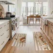 1/2 件秋季感恩节地垫，经典灰白条纹背景搭配白色南瓜图案厨房地垫，适用于派对装饰、厨房、浴室、卧室、厨房和餐厅、感恩节装饰、节日地板布局 - 彩色 - 查看 5