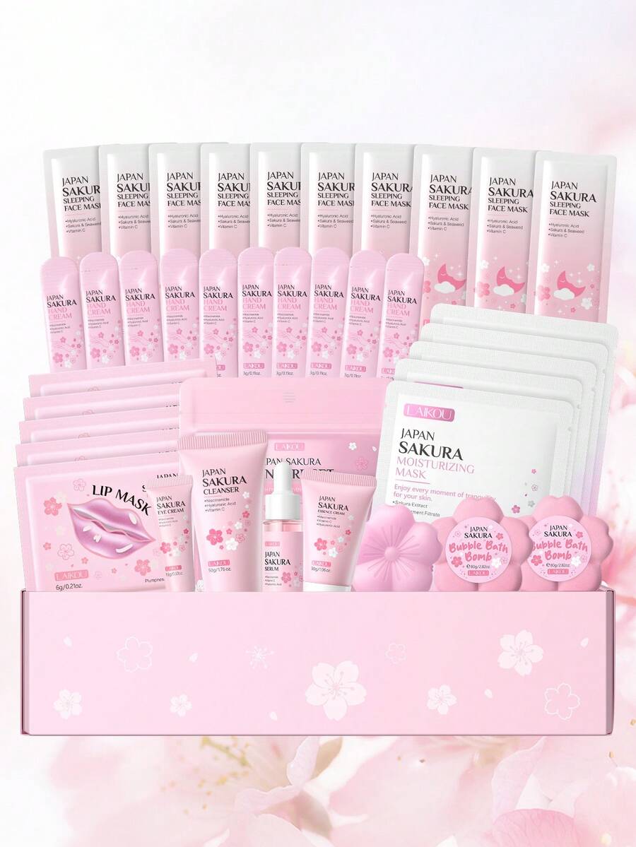 1 Set Improves Overall Completion Laikou Japan Sakura Skincare Set,(Hydrating Lip Mask 6g *5 &  Sakura Eye Cream 15g&  Sakura Skincare Set 3-Piece Set (50g Facial Cleanser+17ml Essence Liquid+30g Essence Cream) & Bubble Bath Bomb 80g *2&Hand Cream 3g *10 & Handmade Soap 70g &  Sleeping Face Mask 3g*10 & Moisturizing Mask 25g*5)Skin Repair Skin Care Gift Boxes Multifunctional Skin Care Gift Bag For Women, Mom, Wife, Sister, Teen, Girl Friend - 粉色 - 查看 1