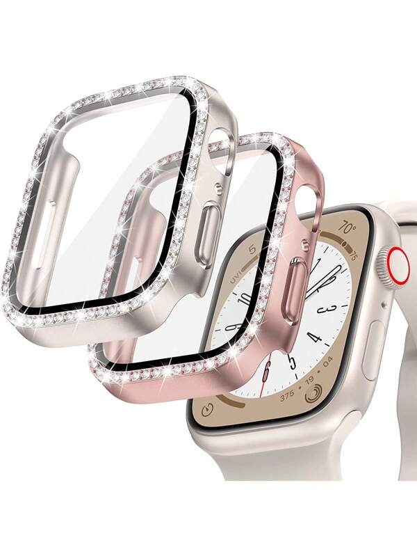 2pcs/Set Fashionable Glamorous Rhinestone Decor Smart Watch Case For Men Women 2 In 1 Ultra-Thin Tempered Glass Screen Protector Cover, For Apple Watch 38/40/41/42/44/45/46/49mm, For Apple Watch Series Ultra/SE/10/9/8/7/6/5/4/3/2/1, Starlight Color+Pink