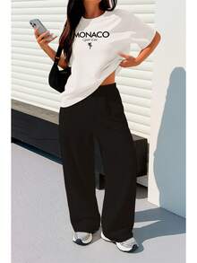 Monaco Yacht Club Women's 100% Cotton Wide Leg T-Shirt And Straight Leg Sweatpants Set