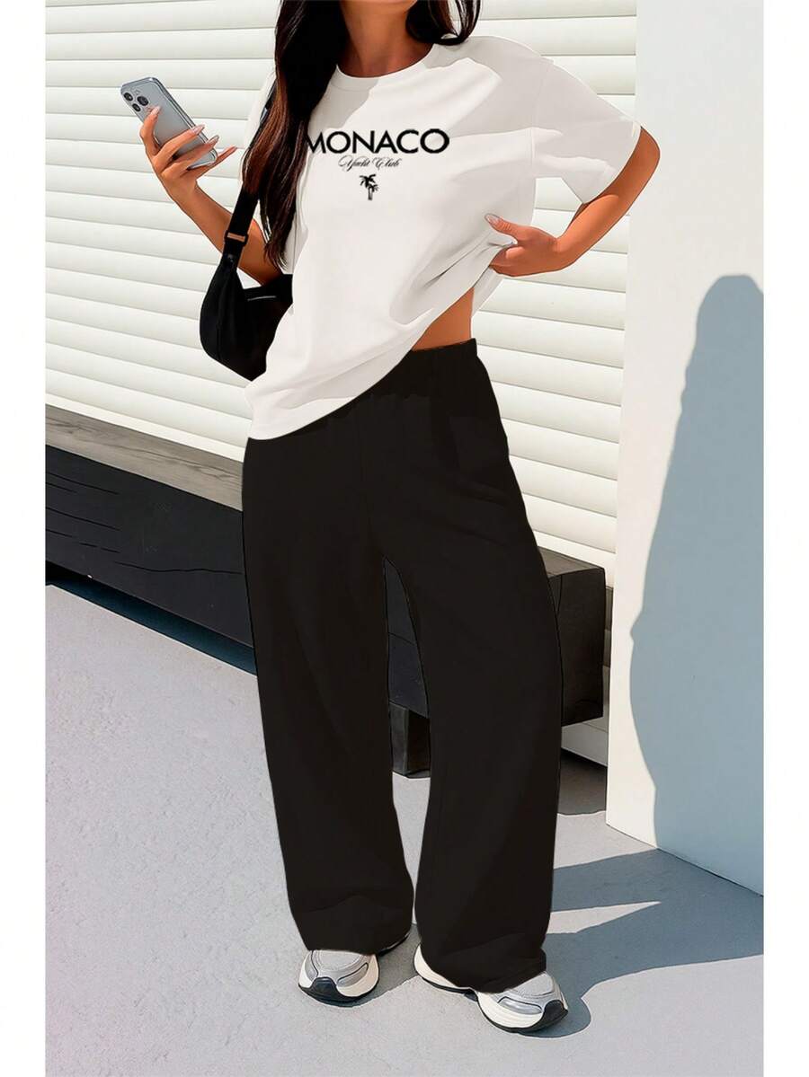 Monaco Yacht Club Women's 100% Cotton Wide Leg T-Shirt And Straight Leg Sweatpants Set