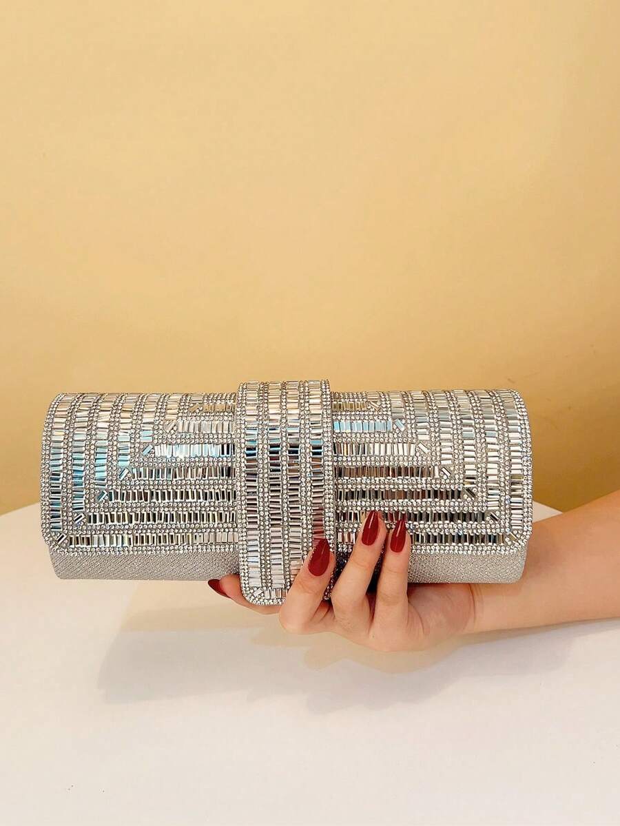 女士晚装包亚克力亮片手提包盖开口女式水钻手拿包 - 銀色 - 查看 1