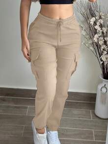 女士时尚休闲纯色简约口袋松紧腰抽绳工装裤