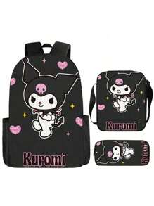 3D Fully Printed Cartoon Sanrio Kuromi 3 Pieces Backpack Primary School Bag Children's Lunch Bag Pencil Bag Set Anime Kawaii Cartoon School Bag