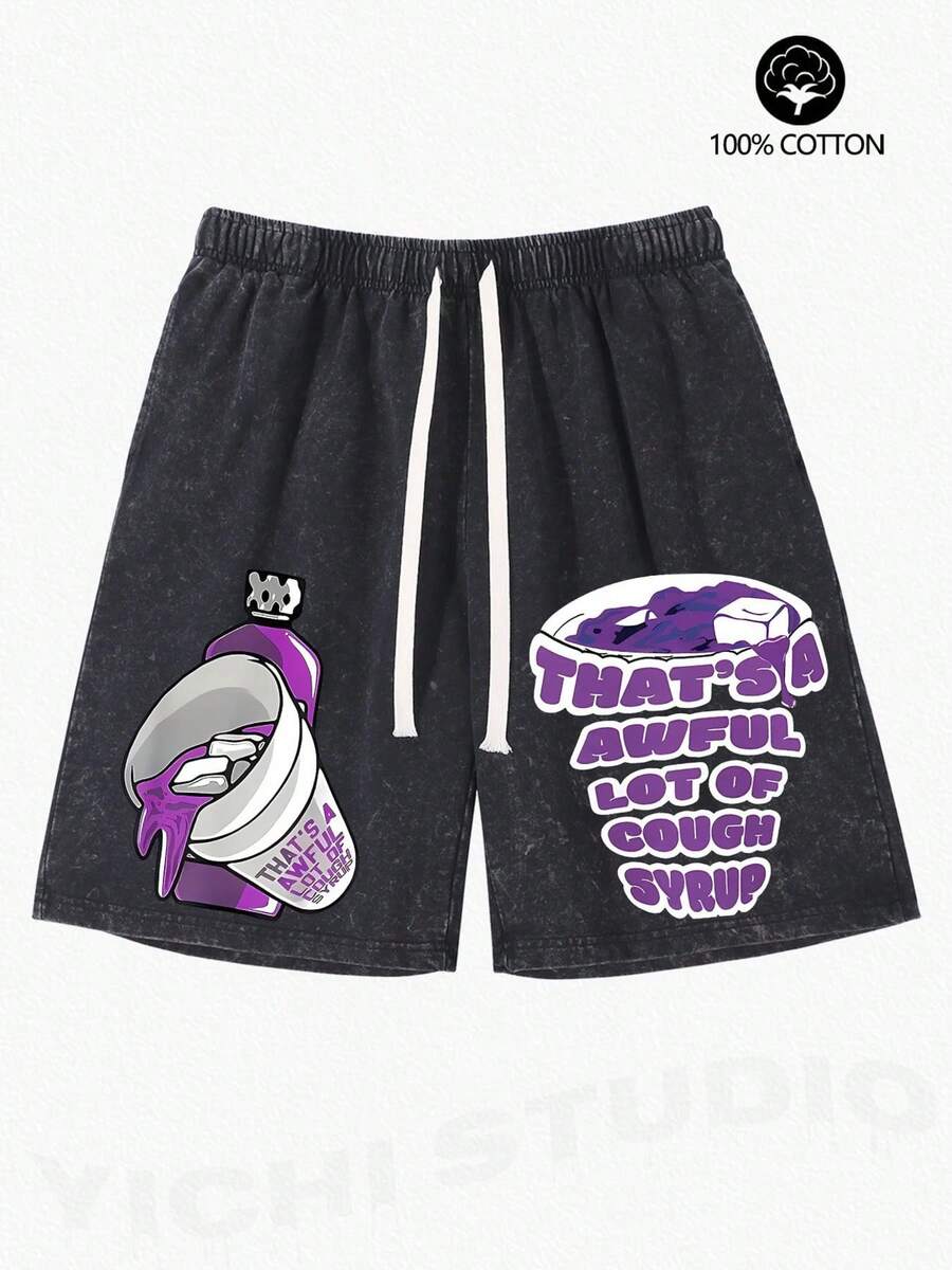 290g Washed Shorts, Purple Syrup Double-Sided Printed Summer Men's Retro Washed Casual Street Sports Shorts, Comfortable And Breathable, Suitable For Daily Wear, Adjustable Drawstring Waist Circumference, Elastic Waistband And Pocket - 黑色 - 查看 1