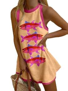 Womens Lobster Shift Dresses 2025 Boho Mini Tank Dress Y2K Sleeveless Cute Graphic Lobster Fish Printed Dress Summer Beach Sundress Casual Beach Vacation Loose Short Dress - 玫紅色 - 查看 2