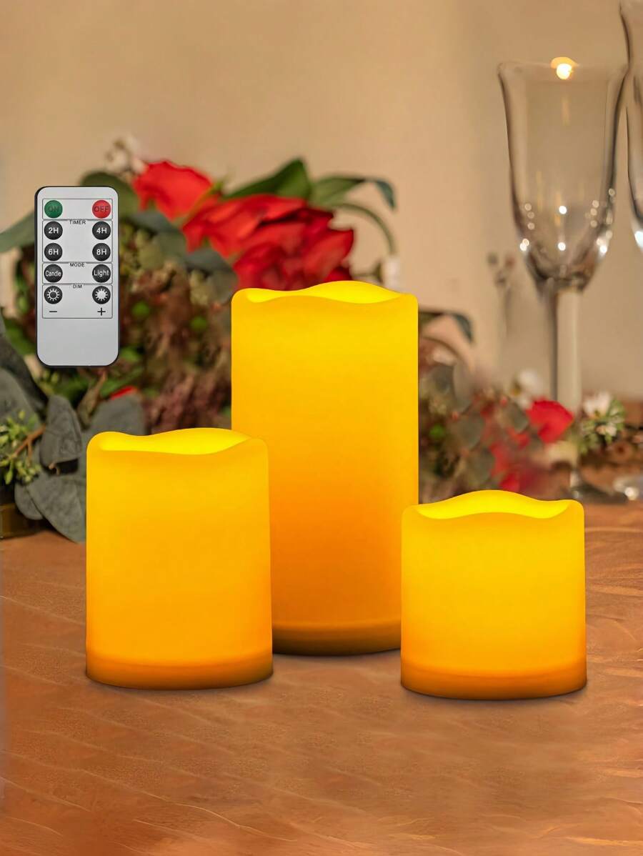 3 Pieces Acrylic Flickering Flameless Candles, Battery Operated Candles With Remote And Cycle Timer Control, LED Pillar Candle Set (D3in*H456in) For Wedding, Party, Home And Christmas Decoration