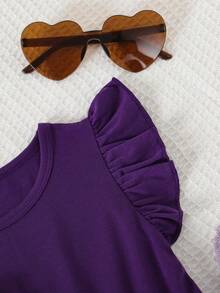 Bộ 3 món thời trang mùa hè cho bé gái, gồm váy tay bồng in hình trái tim và váy phối màu trơn, thích hợp cho ngày Valentine. - Màu tím - Xem 7