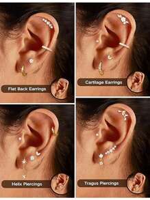 12 件女士平背软骨耳环 - 防过敏手术不锈钢耳钉环软骨耳环套装耳甲海螺耳屏耳轮穿孔珠宝
