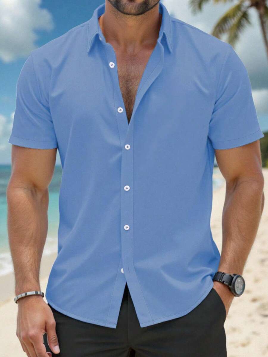 新款时尚男士性感衬衫和短裤套装，时尚成熟粉色衬衫，轻盈夏季上衣和短裤，弹性面料，适合度假、日常穿着、夏季旅行 - 薄荷藍 - 查看 1