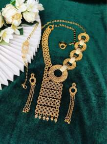 4 件女士时尚空心圆形长项链首饰套装，包括项链、耳环、手链、戒指，适合沙特阿拉伯、中东、迪拜、欧洲和美国新娘、婚礼、派对、约会、情人节、母亲节、毕业典礼、节日礼物、日常佩戴