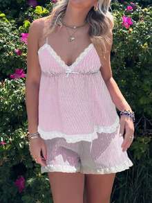 Women Pajama Set, Stripes Lace Patchwork Sleeveless Camisole With Shorts Sleepwear Loungewear - Pink - View 6