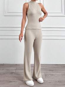 Pantaloni casual pentru femei, cu imprimeu texturat, elastici, tricotați cu nervuri, cu picior drept, cu detaliu despicat