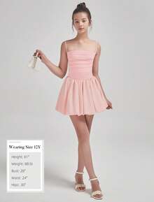 EXARUS Girls Flowy Ruffled Hem/Puff Bubble Dress Teen Ruched Summer Adjustable Spaghetti Strap Casual Cami Mini Dresses - Bột bẩn - Xem 5