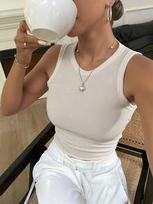 Livesso 女士夏季休闲纯色修身背心 - 米色 - 查看 1