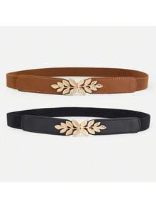 3 件/女士叶子金属扣弹性腰带可调节腰带裙带秋季、秋季、万圣节 - 彩色 - 查看 2