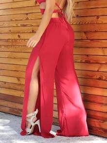 Women's Long Jumpsuit, Loose Viscose Pantaloons, Tie-Up - Đỏ - Xem 4